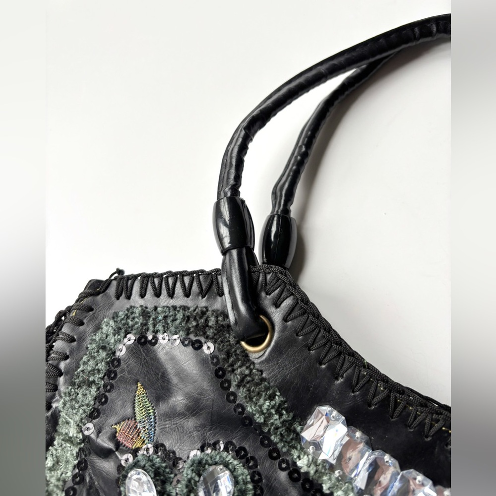 Y2K Vintage Embroidered‎ Beaded Sequin Embellished Black Vegan Leather Boho Bag - Picture 5 of 7